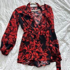 SHEIN Red and Black Wrap Blouse with Notched Collar